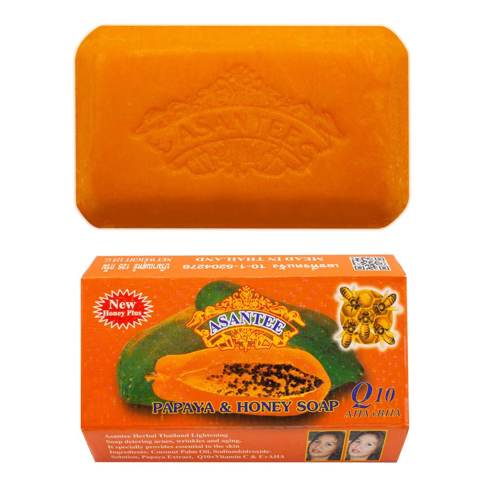 ASANTEE front packaging showing papaya and honey, clear product benefits