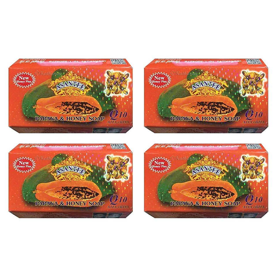 ASANTEE front packaging of papaya and honey soap showing product and pack benefit
