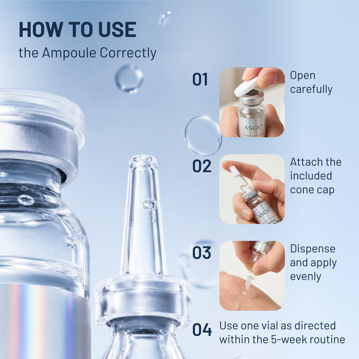 ASCE+ ampoule open dropper with serum texture, demonstrates hydrating consistency