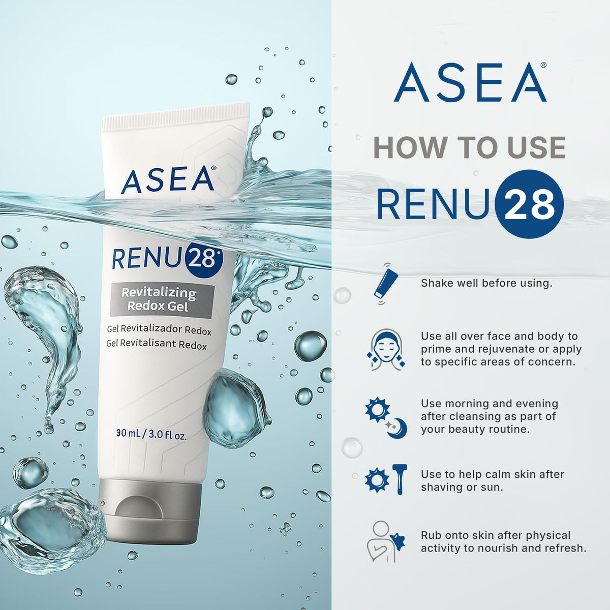 ASEA RENU28 on bathroom shelf in lifestyle setting suggesting daily routine use