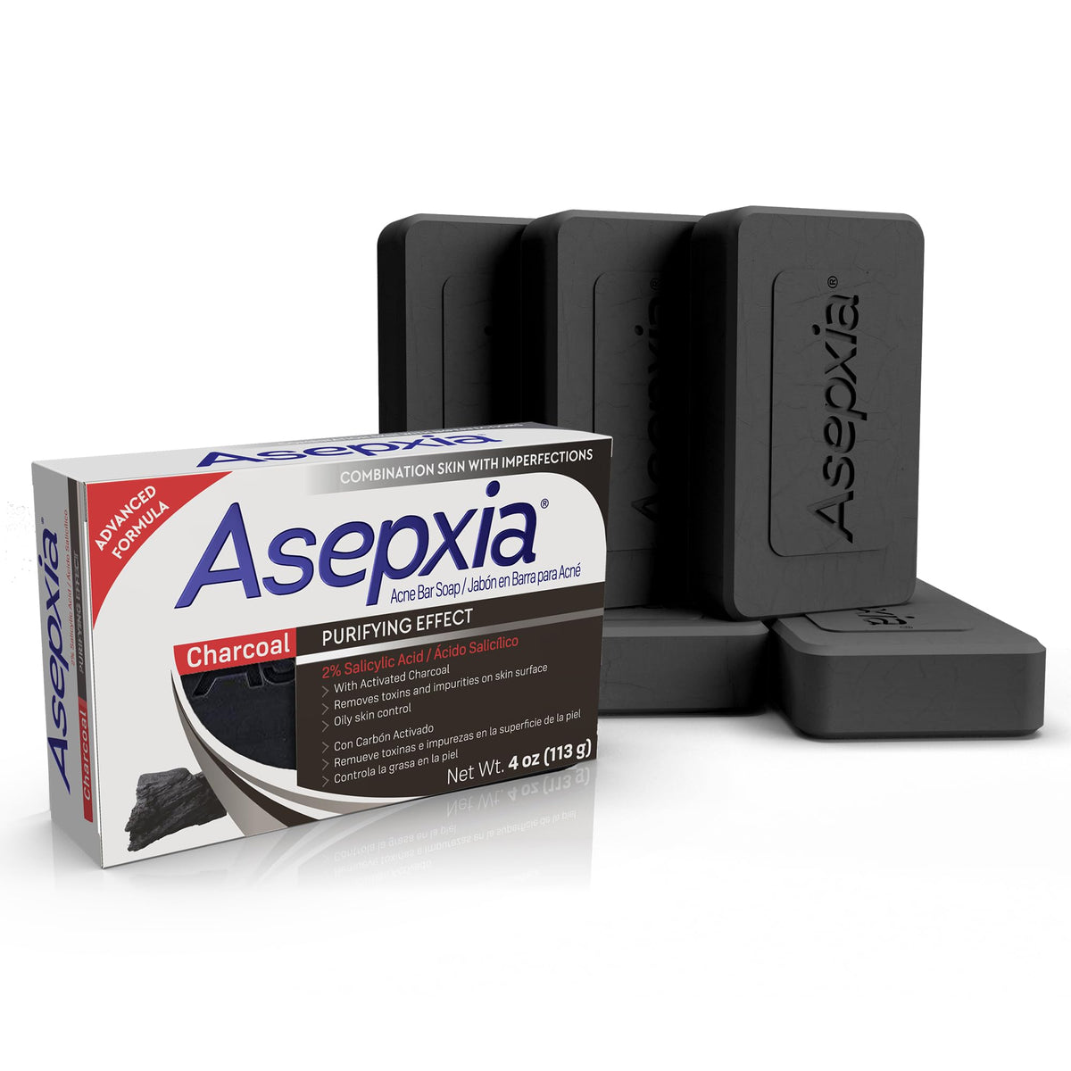 Asepxia front packaging showing acne bar and benefits