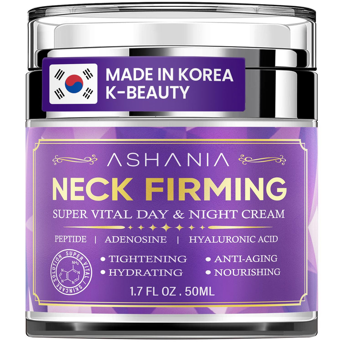 Ashania front packaging showing neck cream for firmer-looking skin