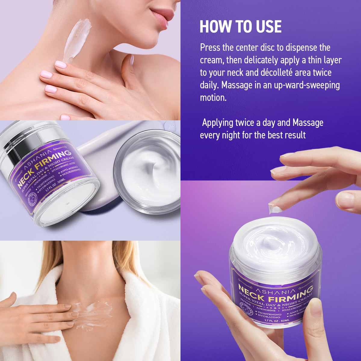 Ashania lifestyle scene applying cream to décolleté for hydrated skin