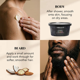 Coconut and almond oil ingredients beside jar highlighting Ashanti Naturals blend for added hydration