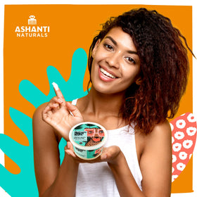 Ashanti Naturals applied as hair treatment on curly hair demonstrating frizz control and improved manageability