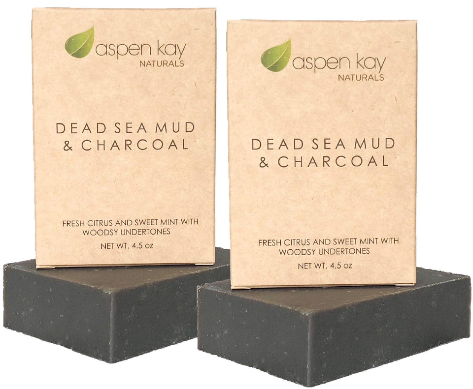 Aspen Kay Naturals soap front view showing two bars and natural ingredients, highlights mineral-rich cleansing