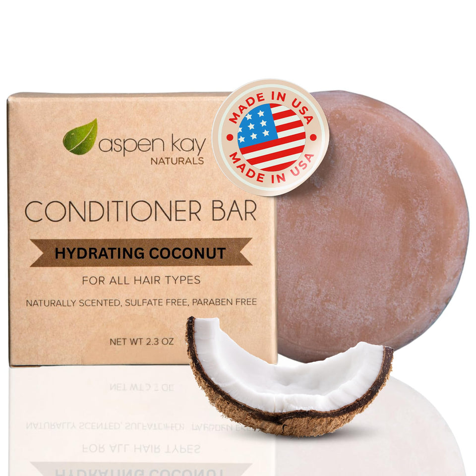 Aspen Kay Naturals front packaging showing conditioner bar and benefits
