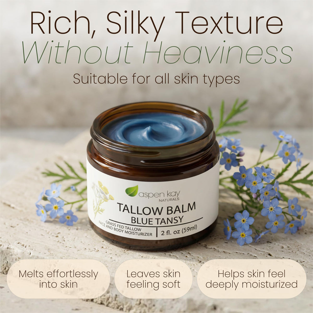 Aspen Kay Naturals botanicals with blue tansy and helichrysum, illustrating calming scent benefit