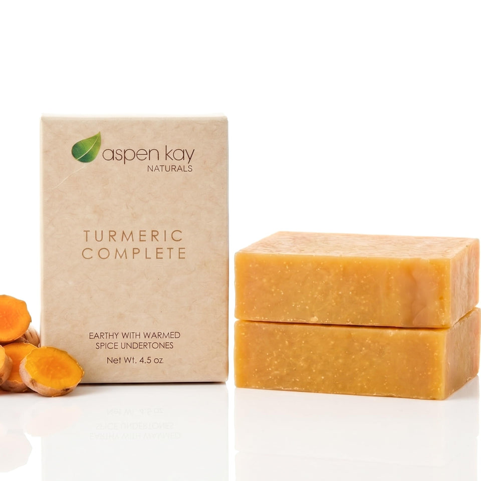Aspen Kay Naturals front packaging showing two turmeric soap bars and benefits