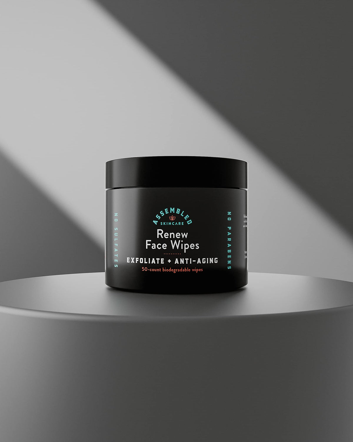 ASSEMBLED wipes on bathroom counter for everyday grooming convenience