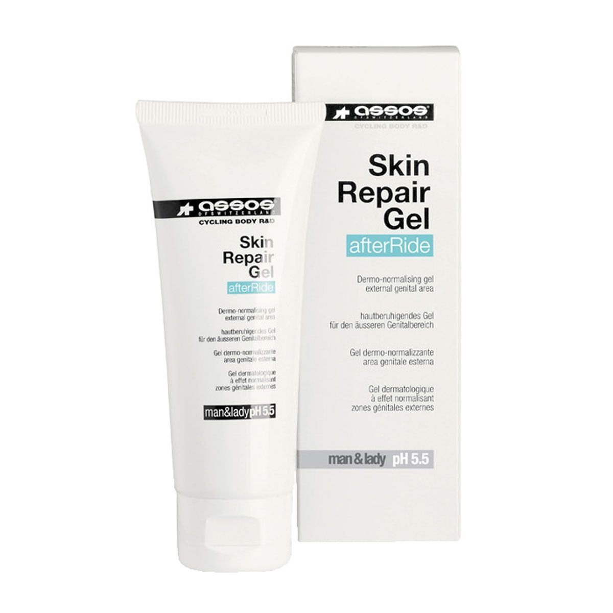 assos skin repair gel front tube showing label and compact travel size benefit