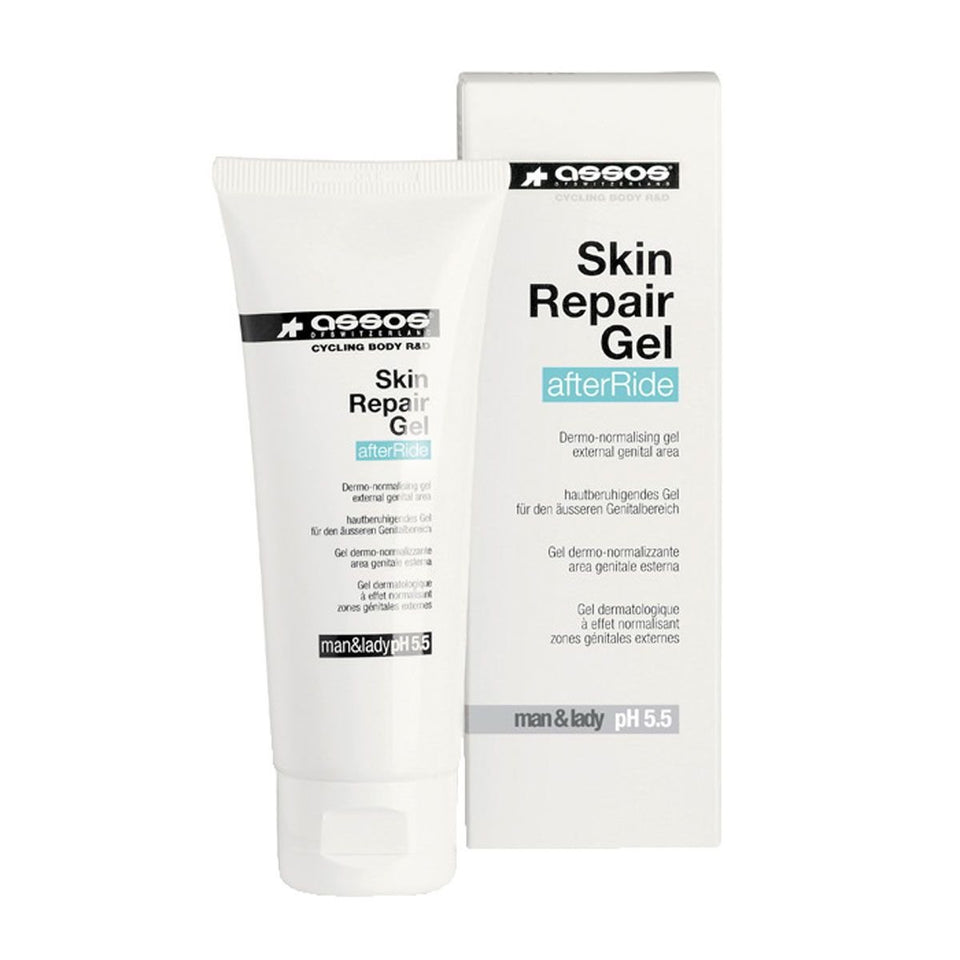 assos skin repair gel front tube showing label and compact travel size benefit