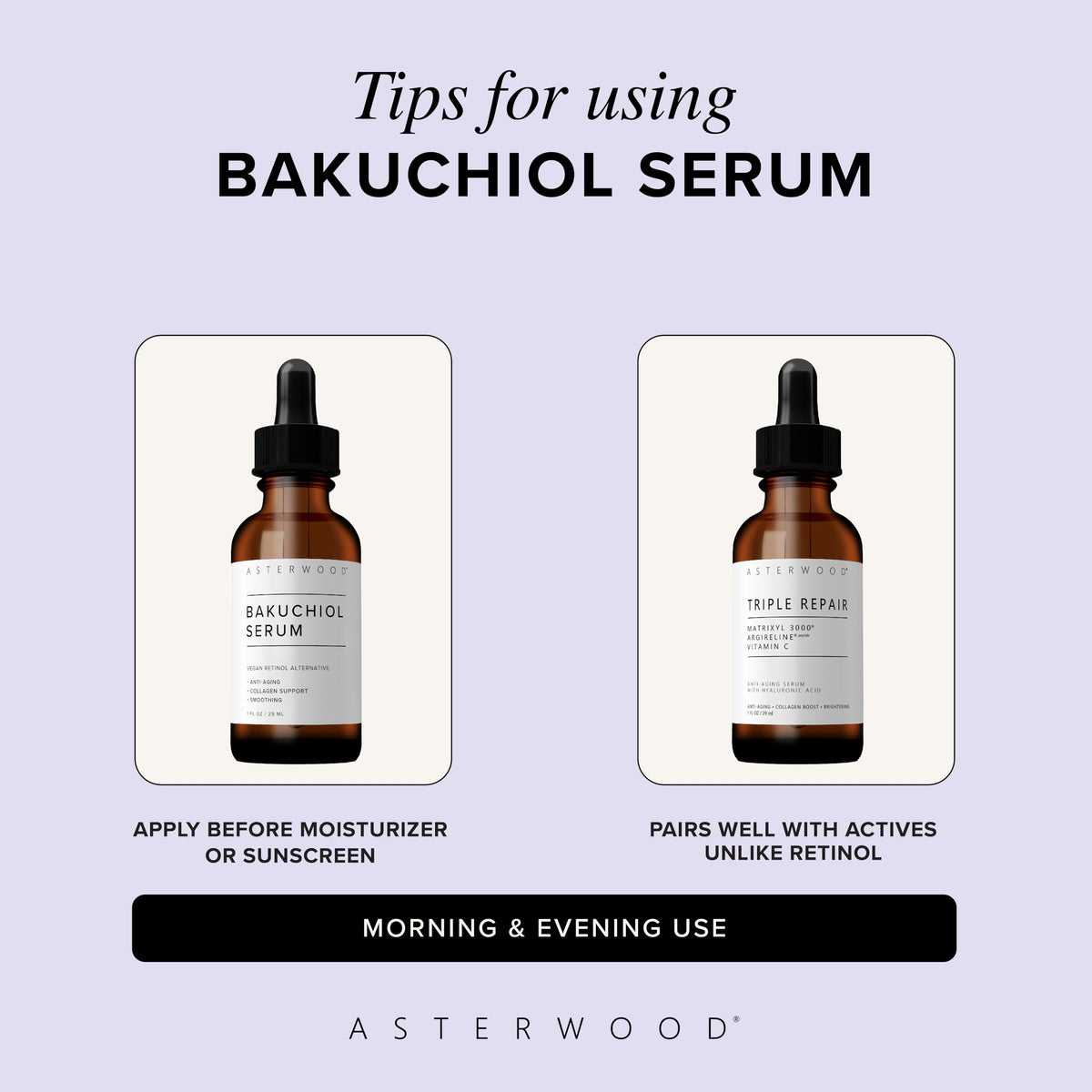 Asterwood serum on bathroom shelf in lifestyle setting promoting daily routine use