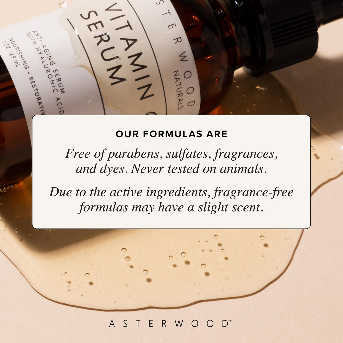 Asterwood bottle label and ingredients view indicating transparent formulation benefit