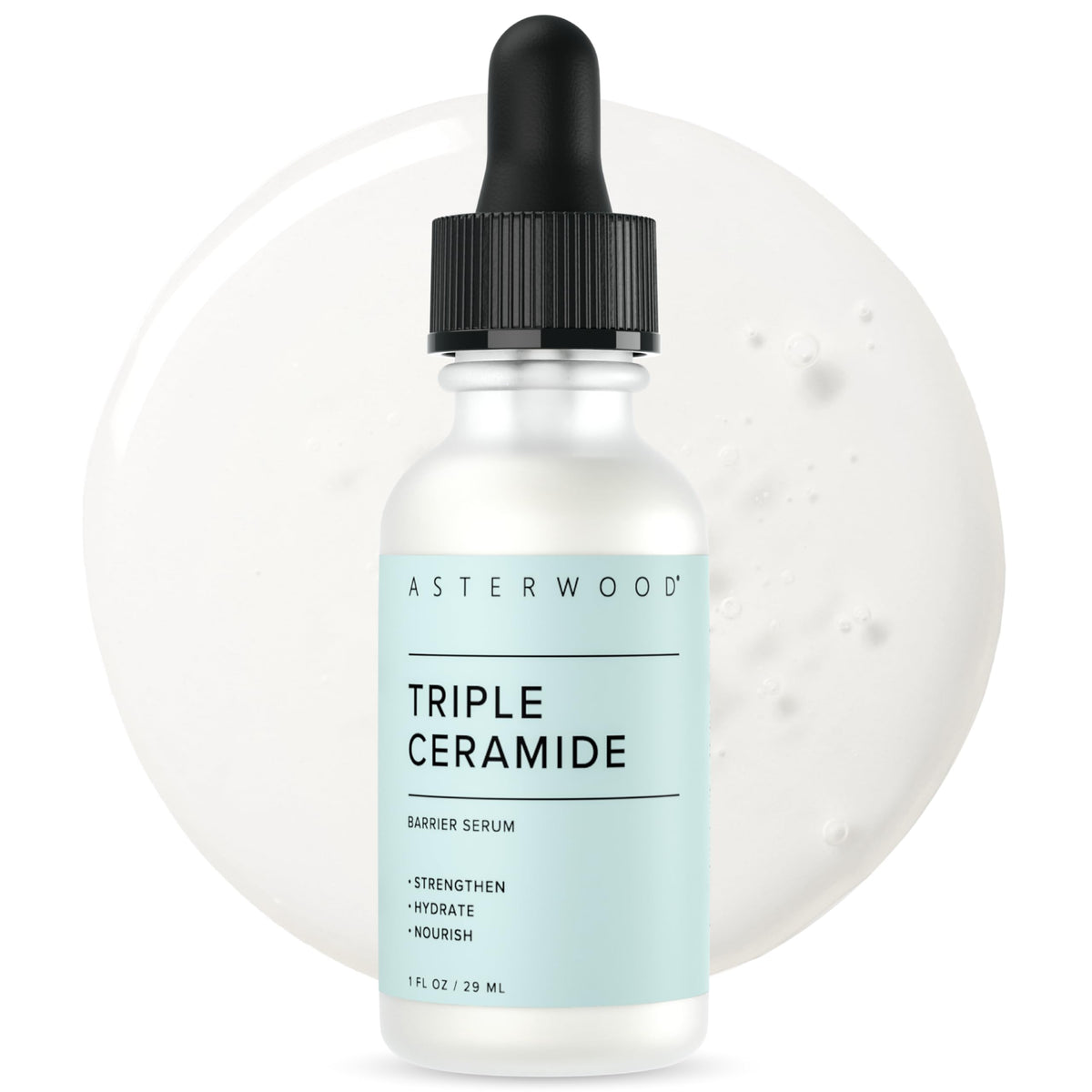 Asterwood front bottle showing design and product identity, clear barrier-restoring benefit
