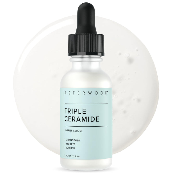 Asterwood front bottle showing design and product identity, clear barrier-restoring benefit