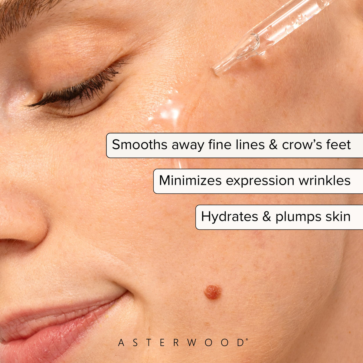 Asterwood close-up of serum texture on dropper showing lightweight absorption benefit