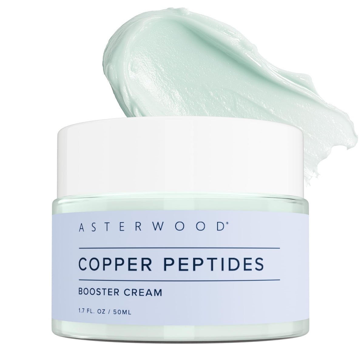 Asterwood front packaging showing 1.7 fl oz jar and clear label, highlights peptide benefits