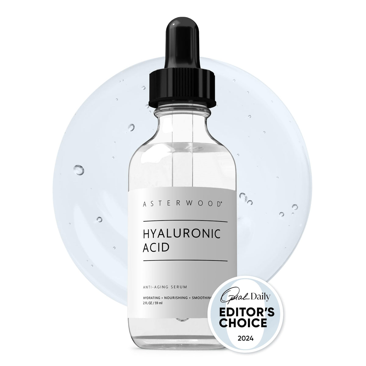 Asterwood front packaging showing clean bottle and label, highlights hydration benefit