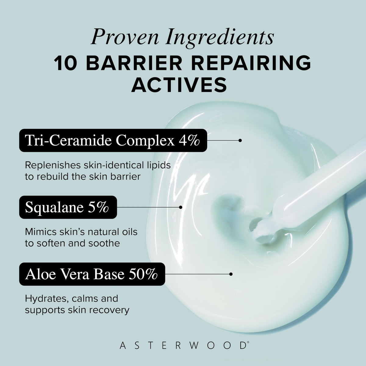 Asterwood serum texture close-up demonstrating lightweight milky finish and absorbency