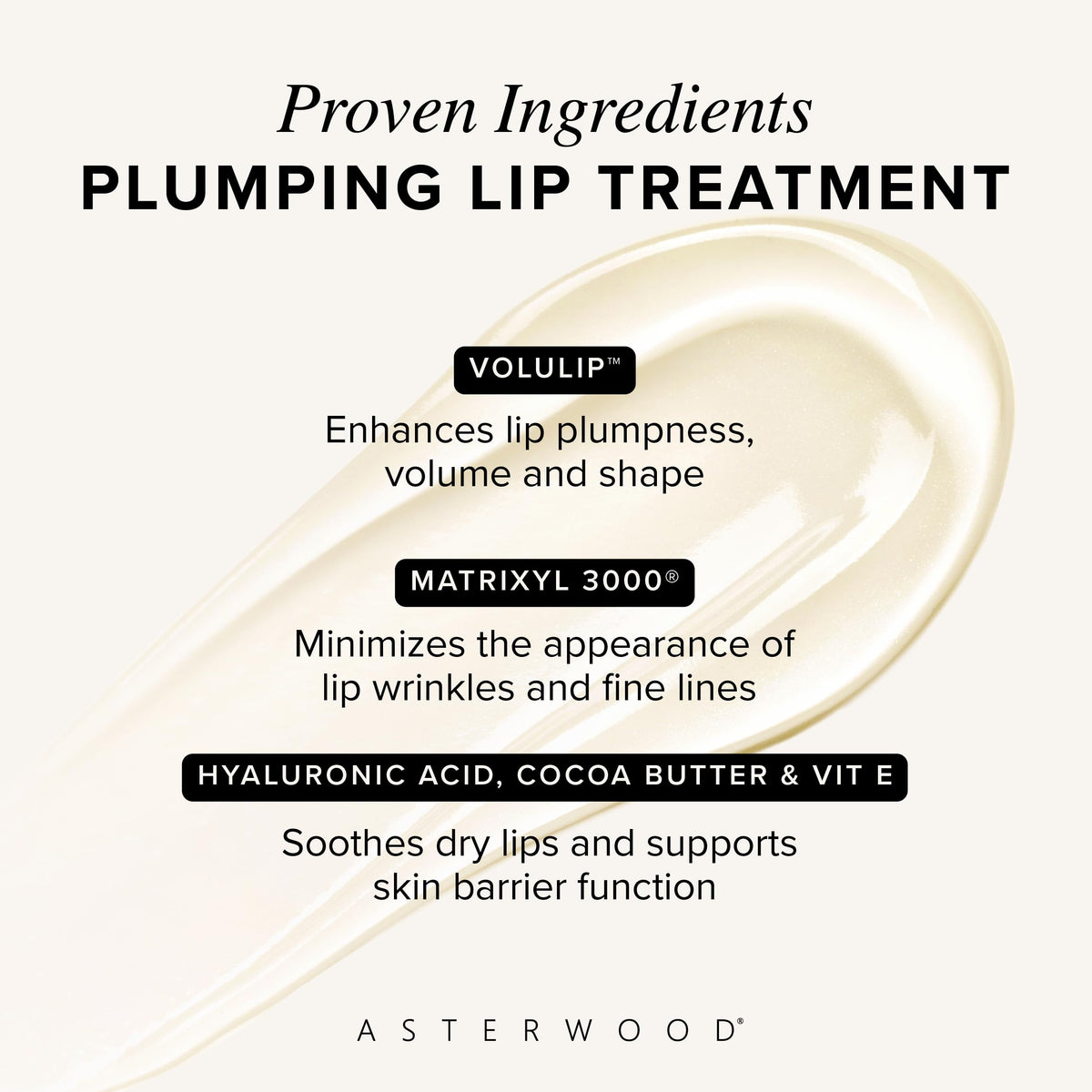 Asterwood texture close-up highlighting smooth formula for instant hydration
