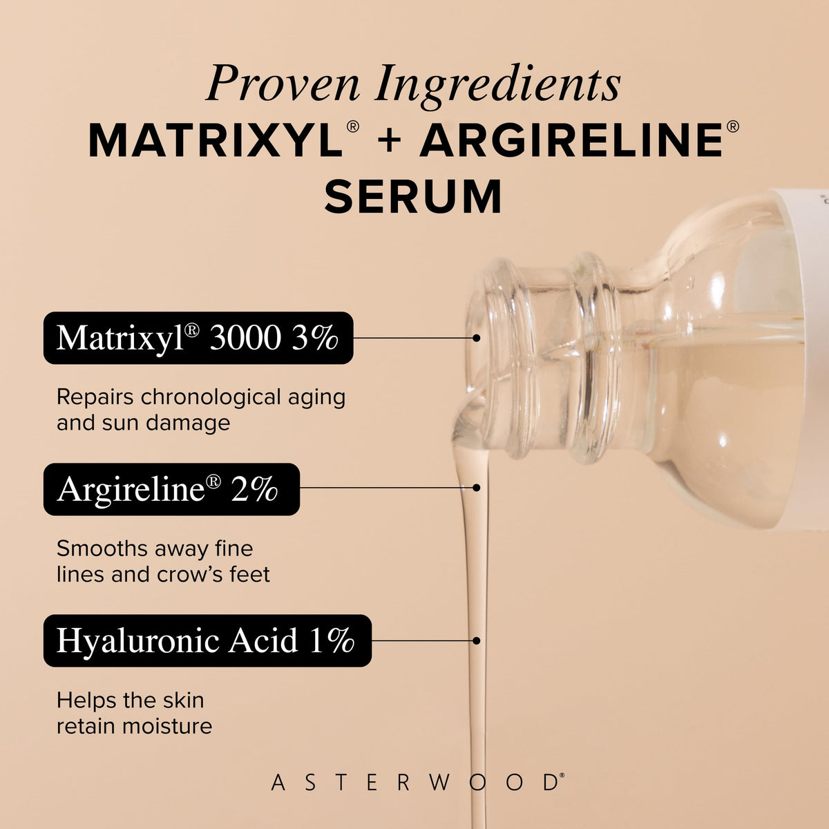 Asterwood serum texture drop on fingertip showing hydrating hyaluronic sheen and absorption