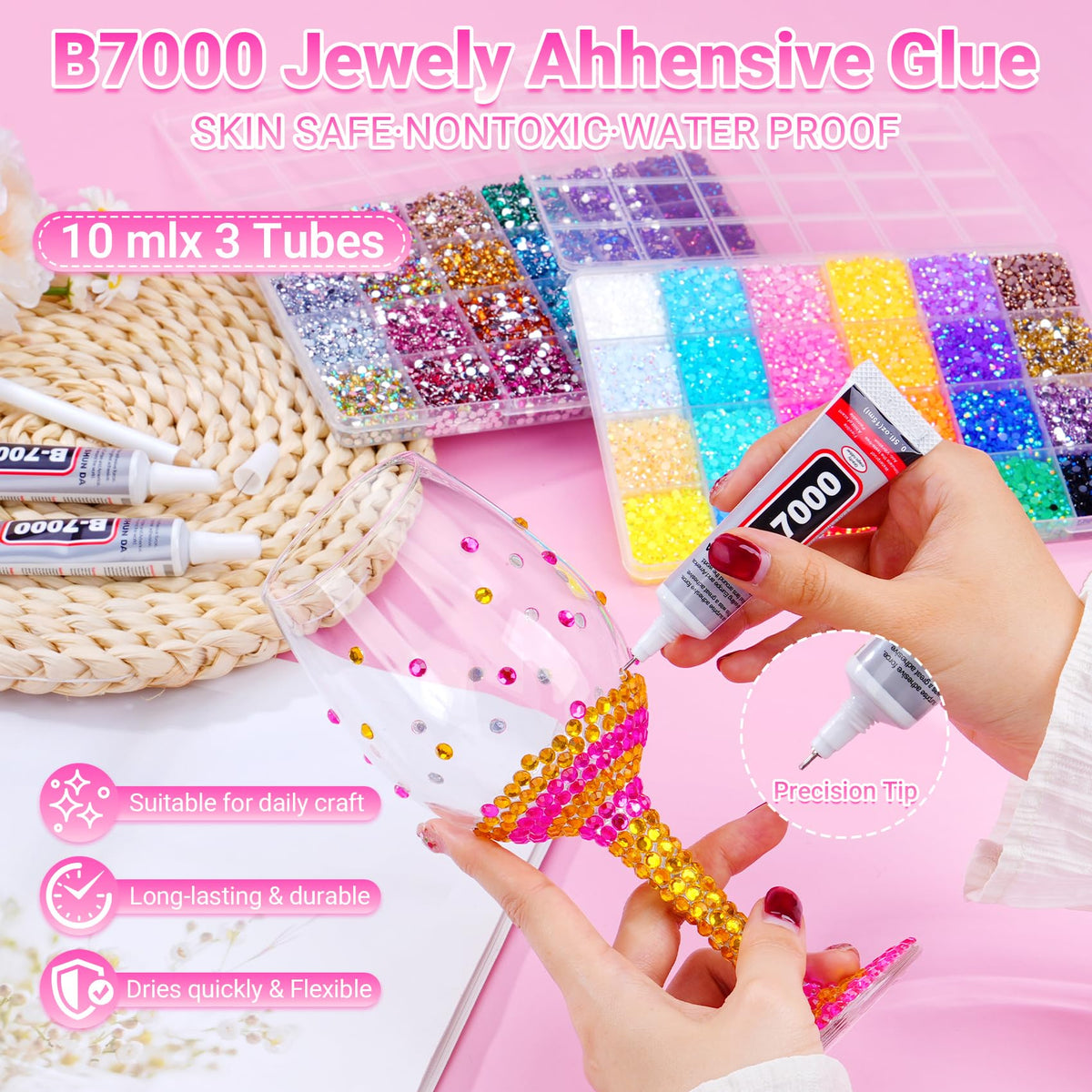 Atifober pickup pen, tweezers, and B7000 glue laid out for precise crafting and strong hold