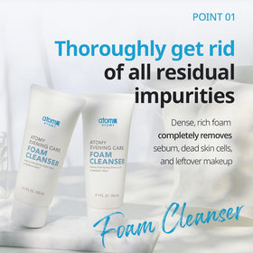 A.T.O.M.Y foam cleanser being lathered in hand demonstrating easy application and makeup removal