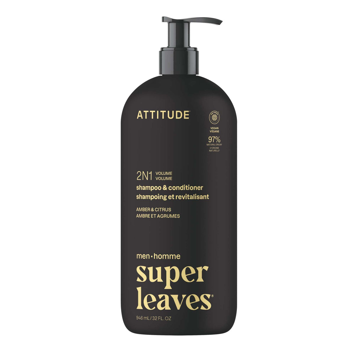ATTITUDE front bottle shot highlighting volumizing 2-in-1 and amber citrus scent benefits