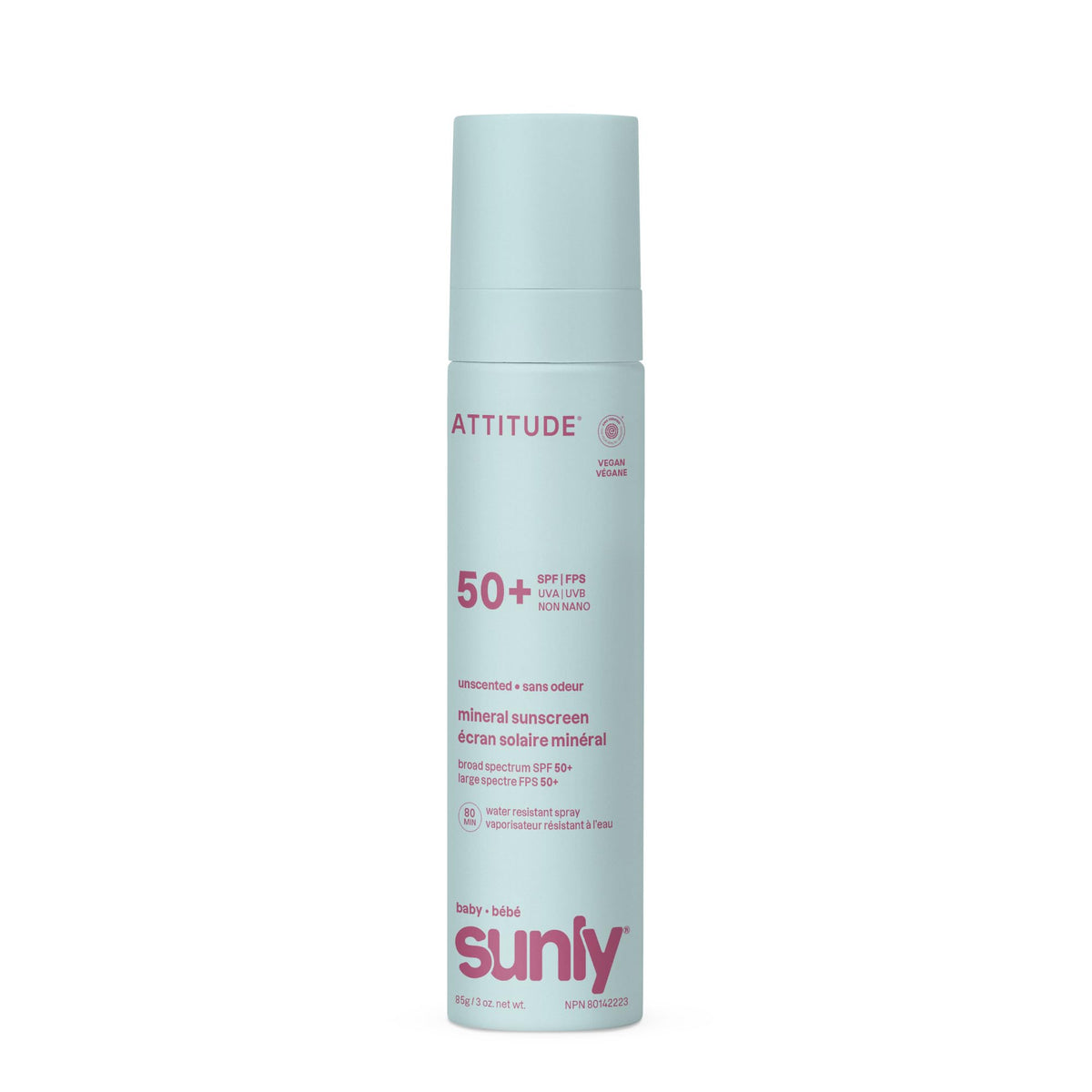 ATTITUDE front packaging showing SPF 50 and unscented benefit