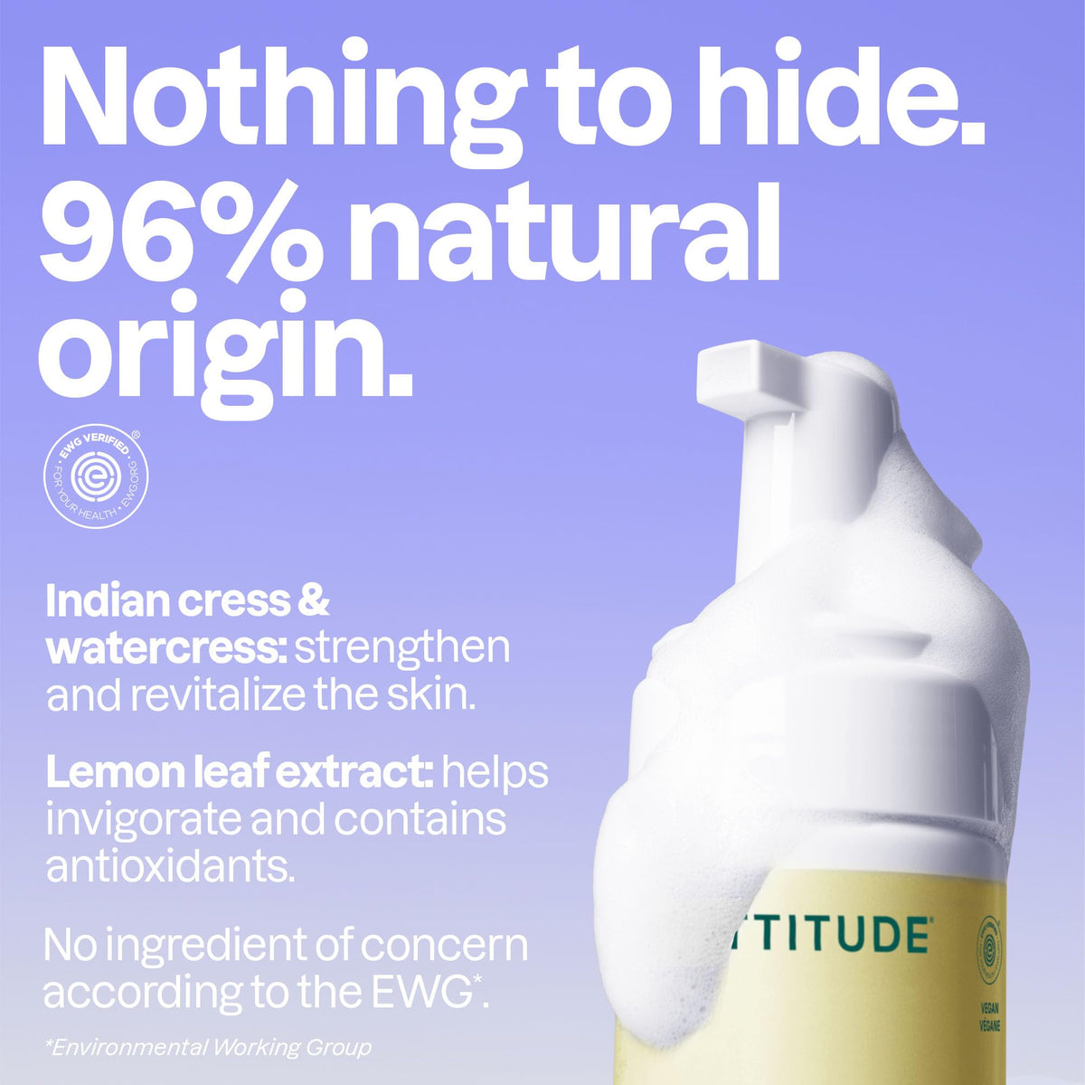 ATTITUDE bottle label detail highlighting EWG VERIFIED and vegan certification benefits
