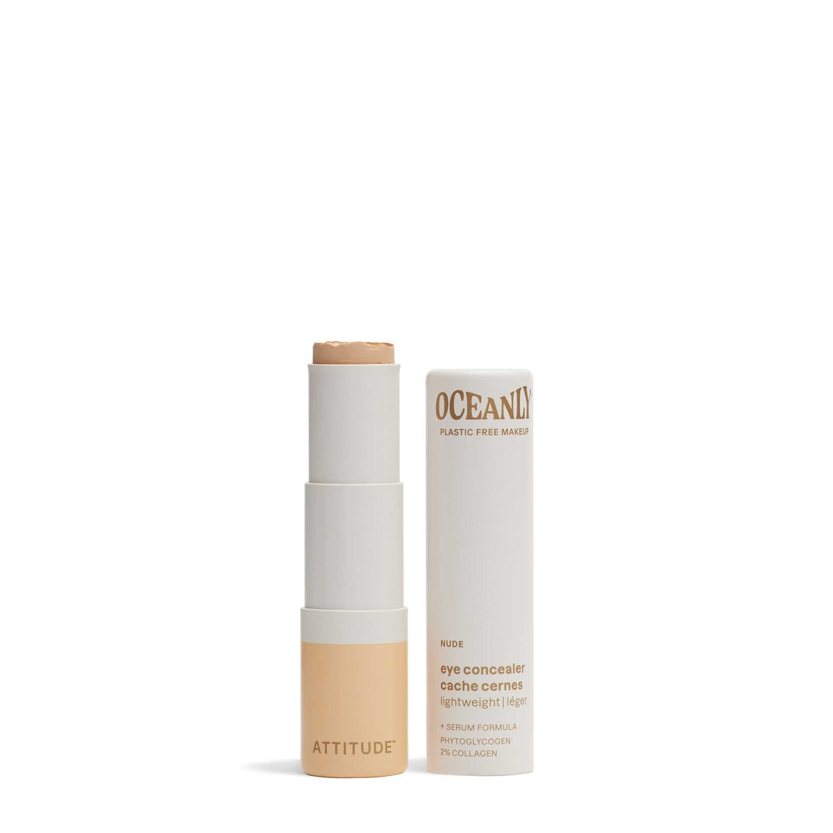 ATTITUDE concealer stick front packaging shows plastic-free biodegradable tube benefit