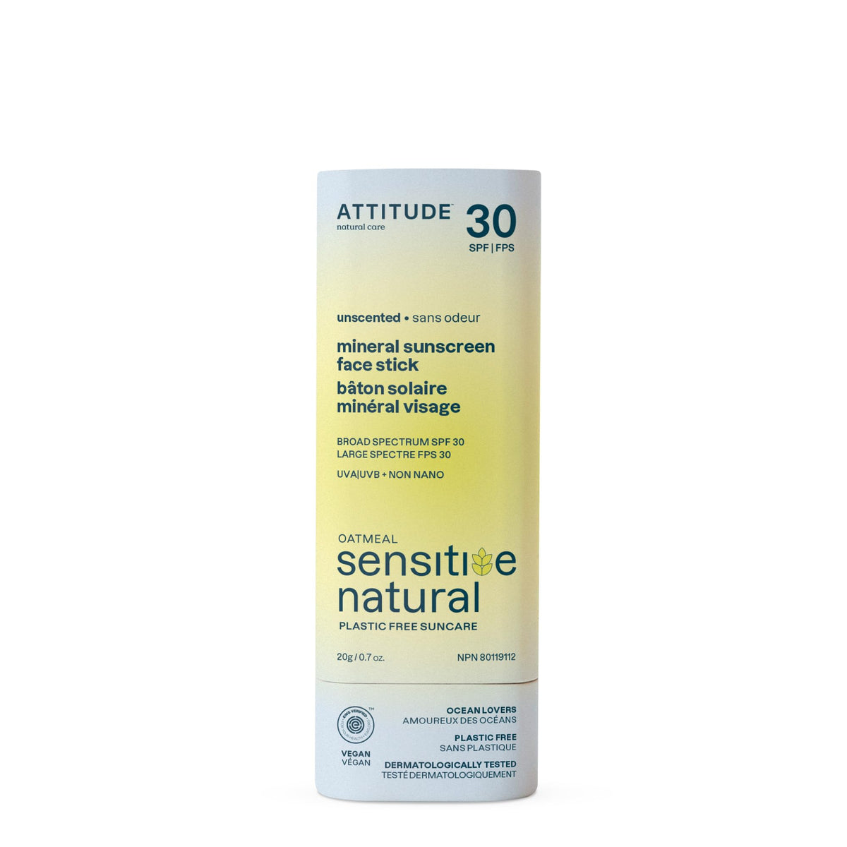 ATTITUDE face stick front packaging shows compact, plastic-free tube and SPF benefit