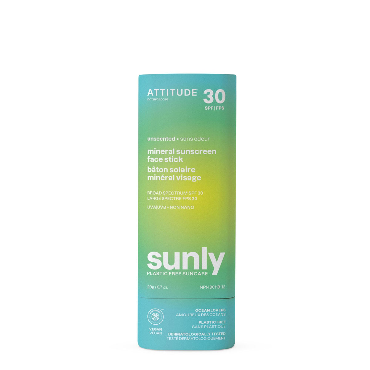 ATTITUDE face sunscreen stick front packaging showing SPF 30 protection