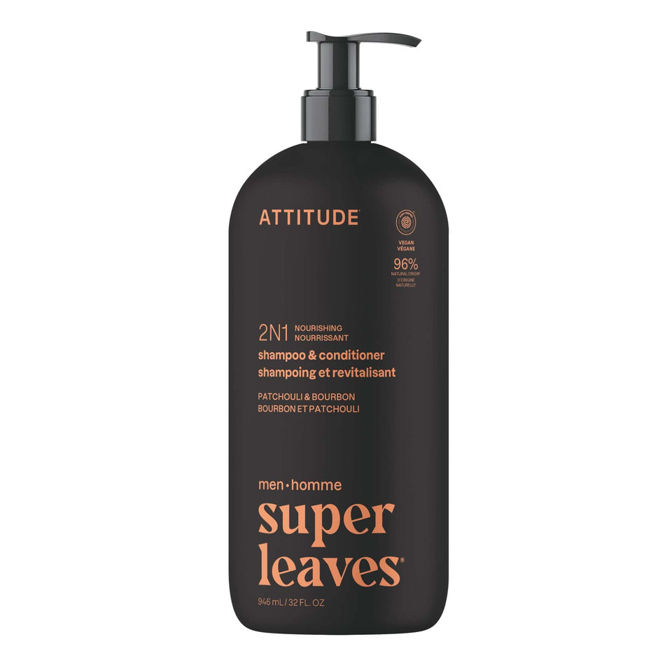 ATTITUDE front bottle showing patchouli and bourbon scent and easy dispensing benefit