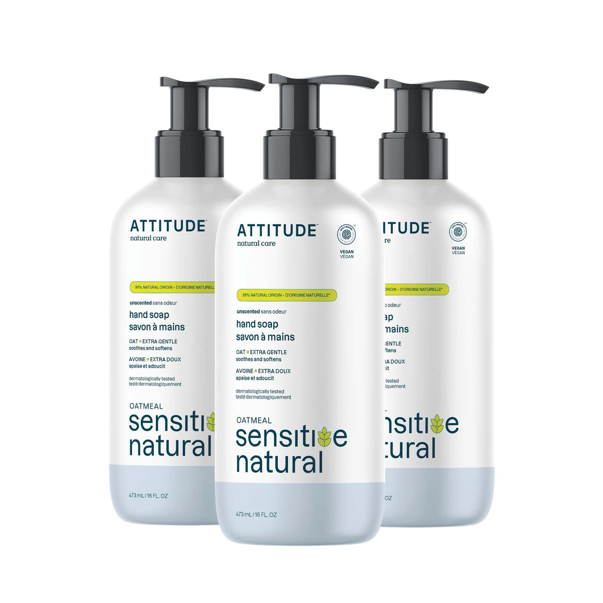 ATTITUDE front packaging showing unscented hand soap and gentle formula benefit