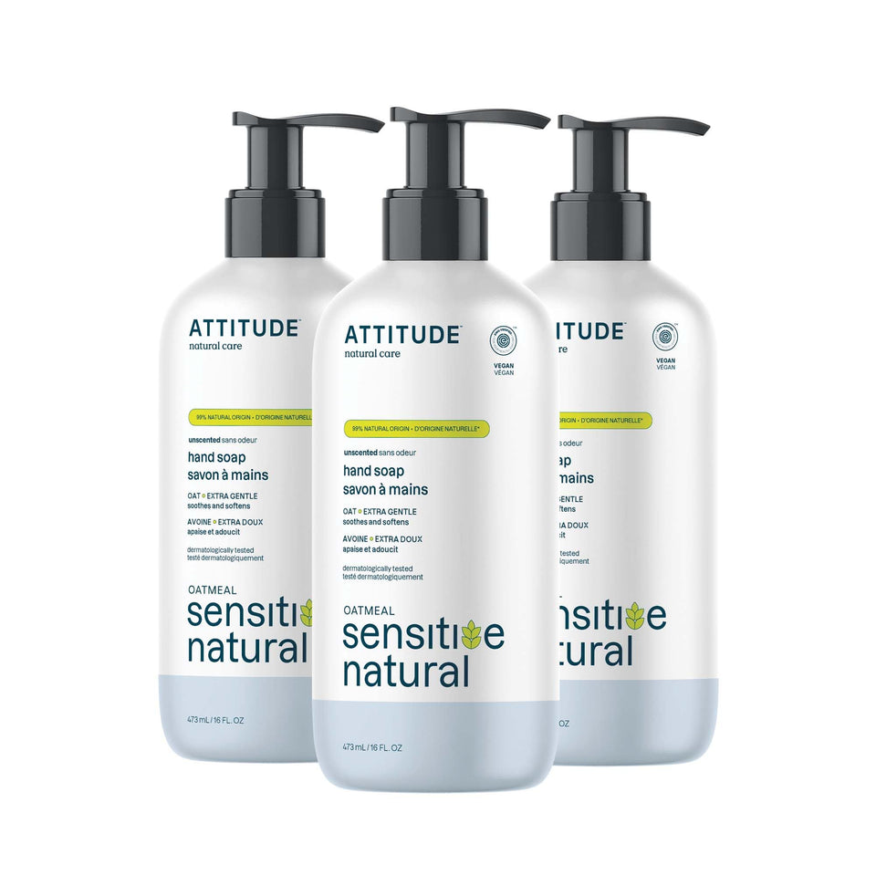 ATTITUDE front packaging showing unscented hand soap and gentle formula benefit