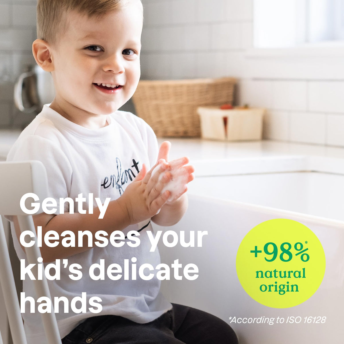 ATTITUDE foam pump in use by child, demonstrates easy independent dispensing