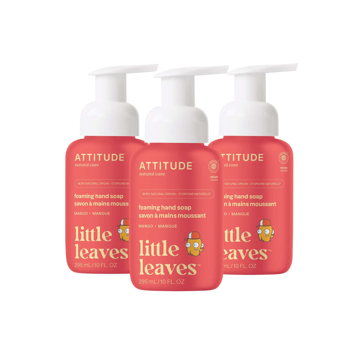 ATTITUDE front packaging showing mango kids foaming hand soap and benefits
