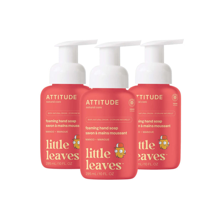 ATTITUDE front packaging showing mango kids foaming hand soap and benefits