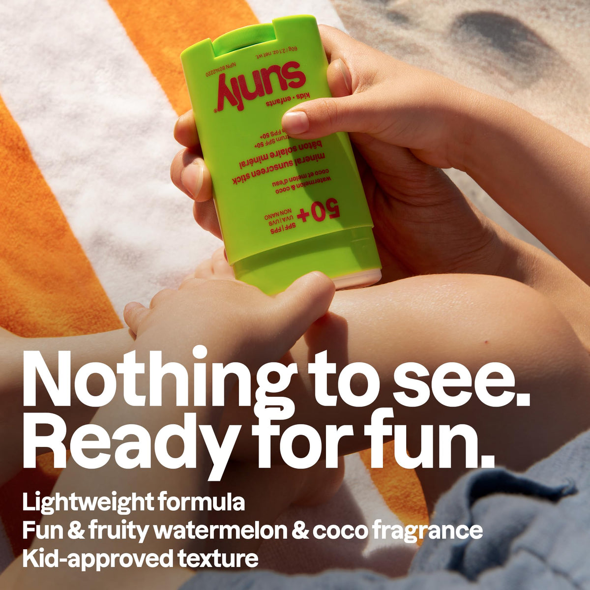 ATTITUDE kids sunscreen stick applied to child’s nose displaying quick, targeted protection