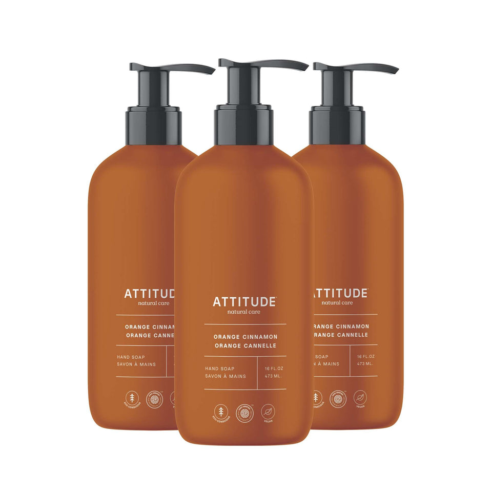 ATTITUDE front packaging showing orange cinnamon label and eco-friendly bottle benefit