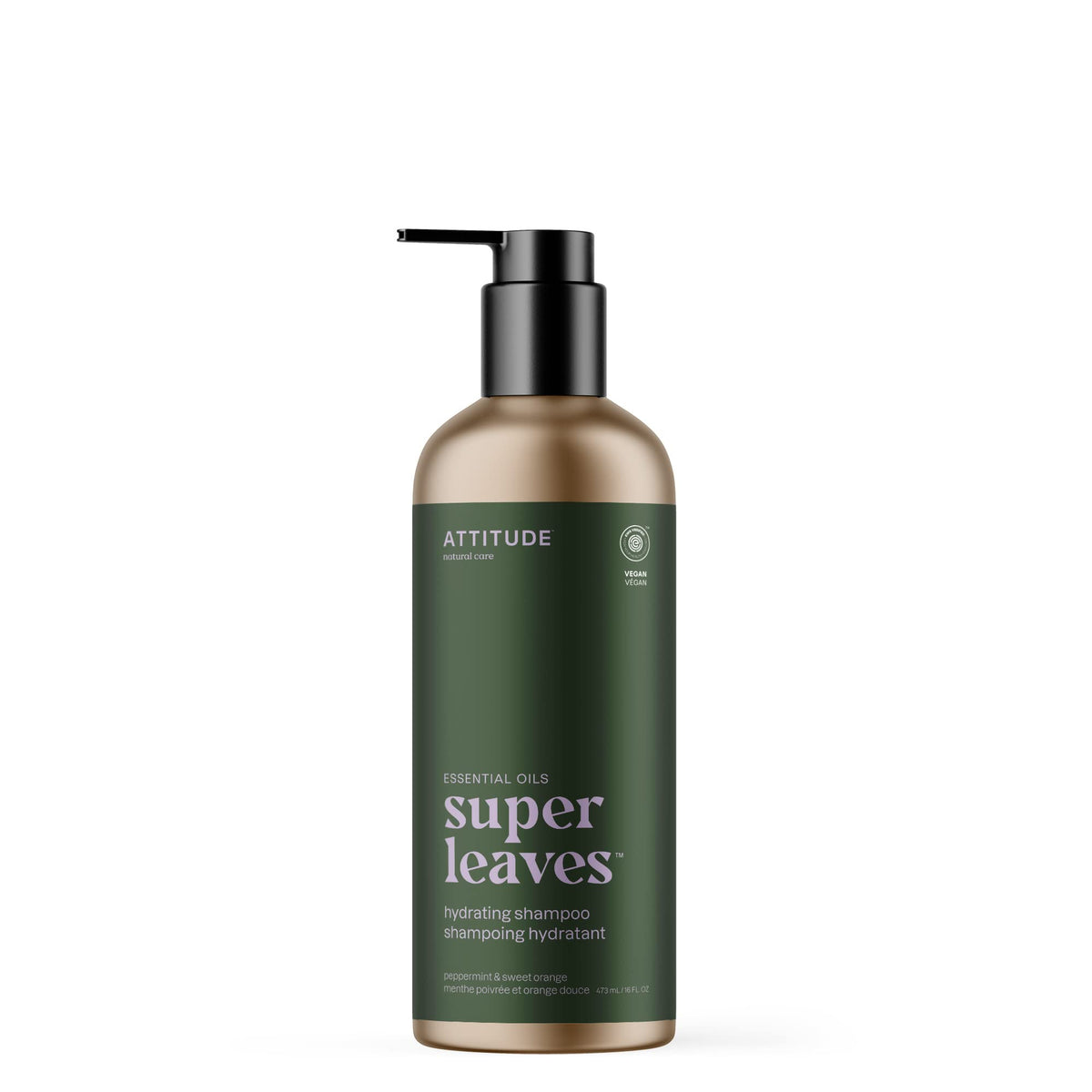 ATTITUDE aluminum bottle front view showing clean-label benefits