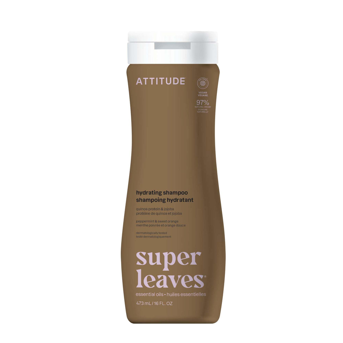 ATTITUDE front bottle view showing clean hydrating shampoo branding and size