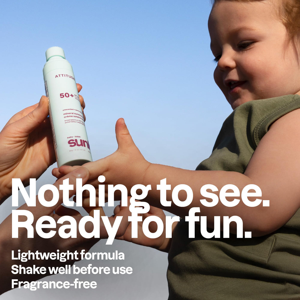 ATTITUDE sunscreen being applied on a child's arm for easy coverage