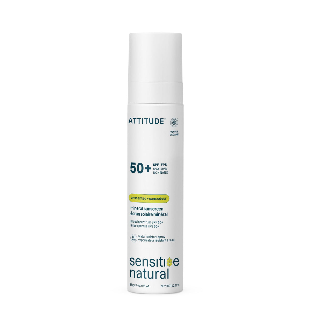 ATTITUDE front packaging showing SPF 50 benefits and unscented label
