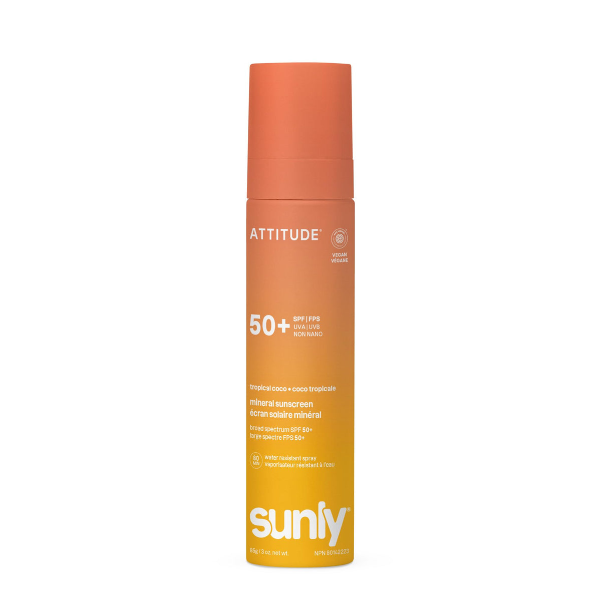 ATTITUDE front packaging showing SPF 50 and benefits for travel