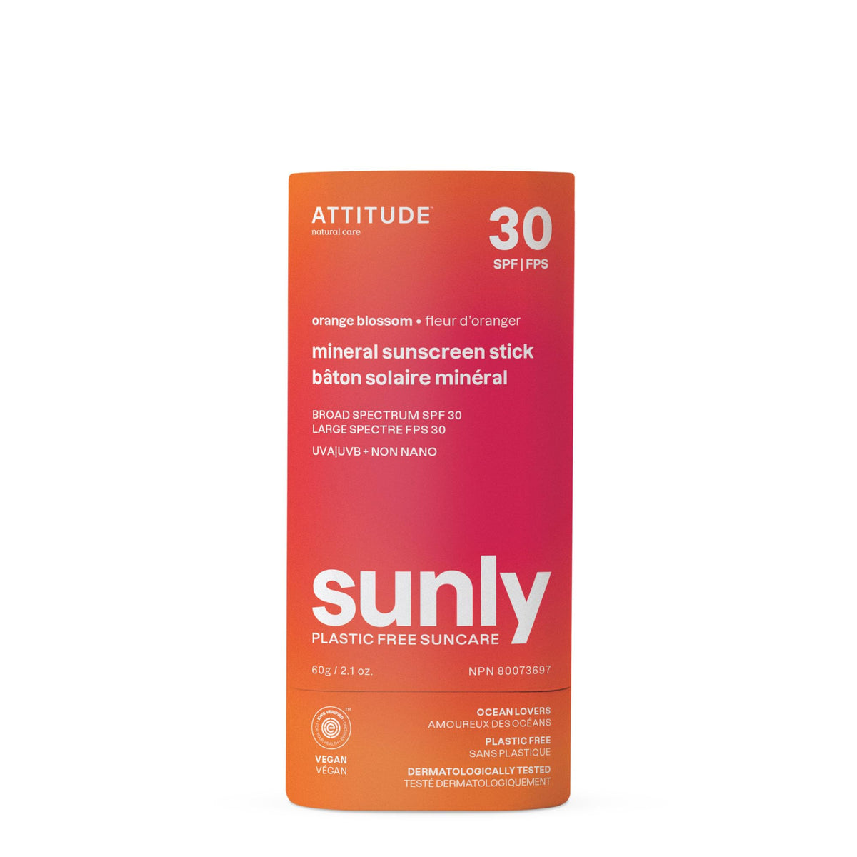 ATTITUDE sunscreen stick front packaging showing SPF 30 and plastic-free benefit