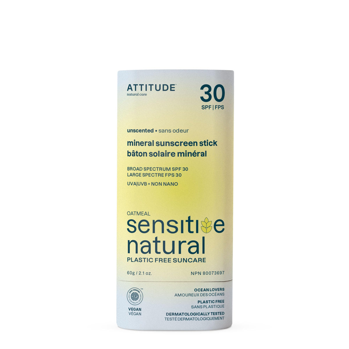 ATTITUDE sunscreen stick front packaging shows SPF 30 and plastic-free benefit