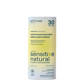 ATTITUDE sunscreen stick front packaging shows SPF 30 and plastic-free benefit